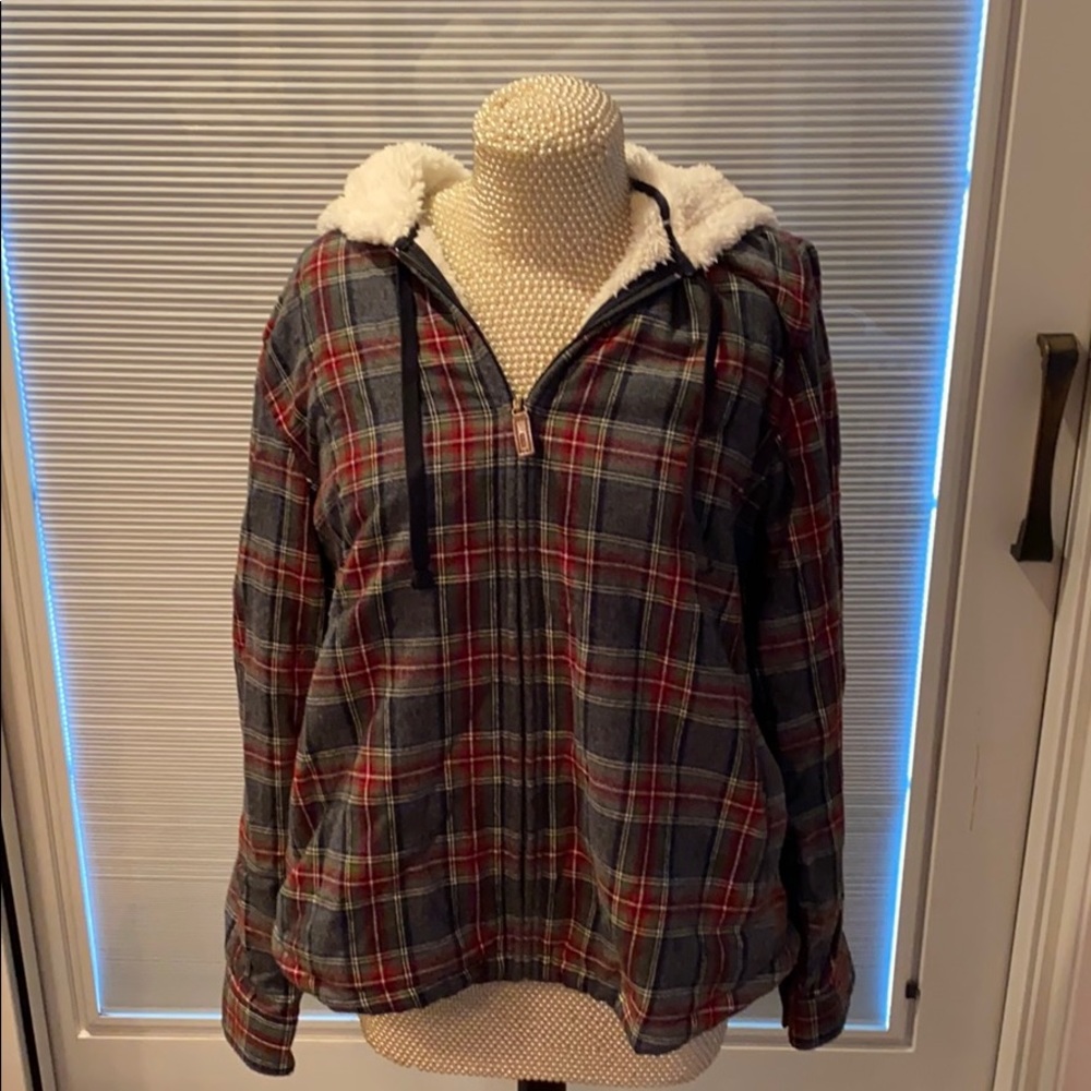 LL Bean Plaid Flannel Shirt SherpaLined Zip Hoodie